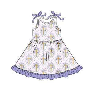 GSD3668 Custom Baby <b>Girl</b> <b>Summer</b> purple flowers easter cross Print Sleeveless <b>Dress</b> Wholesale <b>girl</b> set - Product Image 1