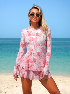 STOCK 7Colors Print Women One Piece <strong>Swimsuit</strong> Long Sleeve <strong>Boyleg</strong> Short Bathing Suits Plus Size Swimdress S-2XL - Product Image 5