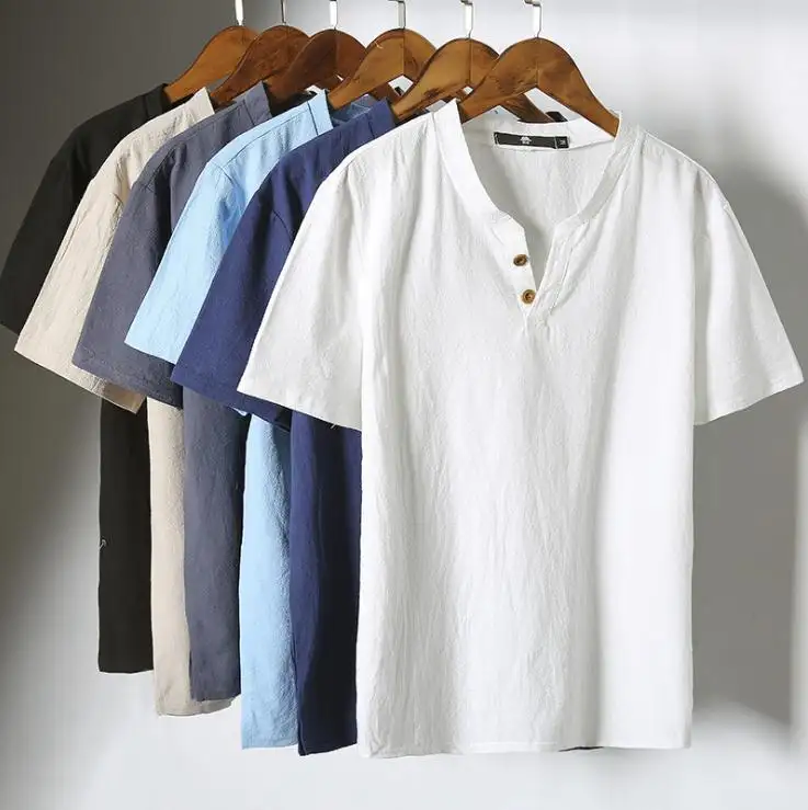 Мужская льняная футболка в стиле ретро, Повседневная футболка с короткими рукавами, двумя пуговицами и круглым вырезом, в японском стиле, лето 2021