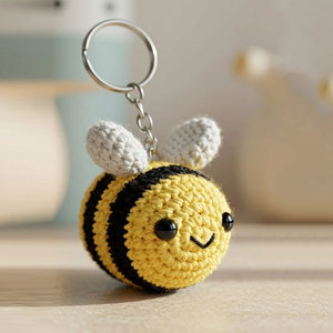 Handmade Knitting Crochet Bee Keyrings Bee Charms Crochet Bee Keychain Yellow Black Stripes White Wings Round Animal <b>Key</b> <b>Ring</b> - Product Image 6
