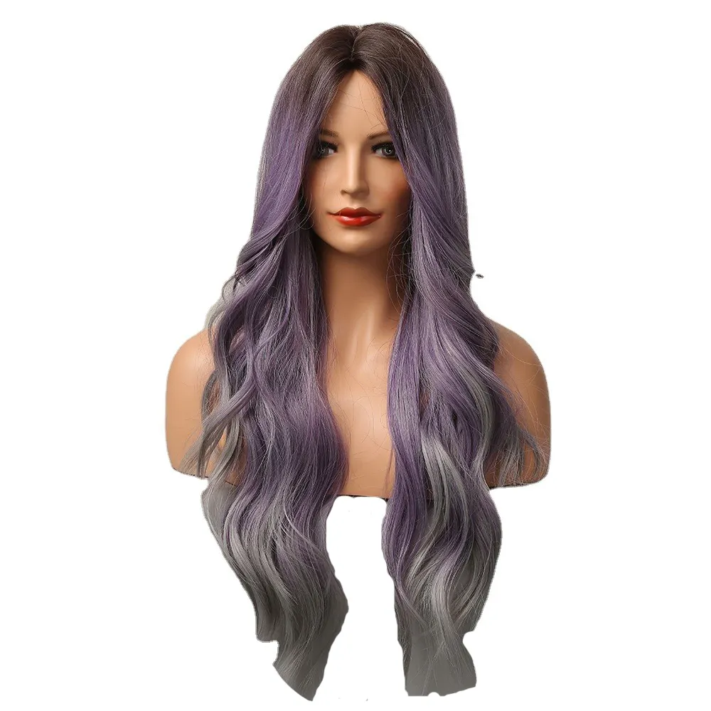 Langsung grosir transparan serat kimia suhu tinggi wig sutra bagian tengah rambut keriting ungu warna campuran wanita