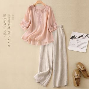 Ethnic Style Women's Two Piece Set Cotton Linen Top With Embroidery Wide Leg <b>Pants</b> Casual Breathable <b>Three</b> <b>Quarter</b> Sleeve - Product Image 2