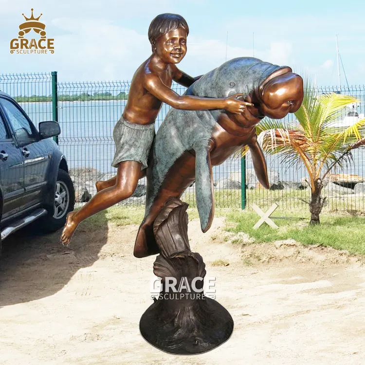 Life Size Kid Statue Bronze Child Boy and Big Fish Sculpture