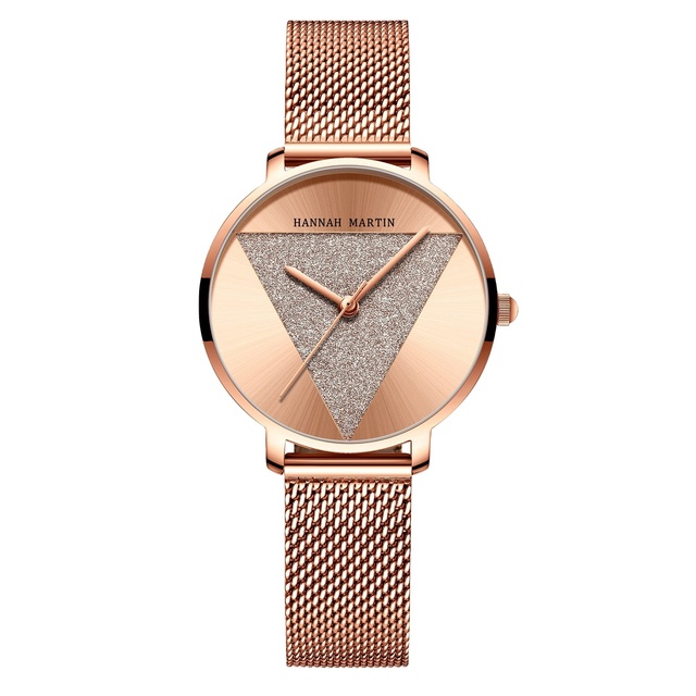 Hannah Martin New Triangular Calendar Stainless Steel Mesh Belt Quartz Watches Ladies Women Simple and Elegant