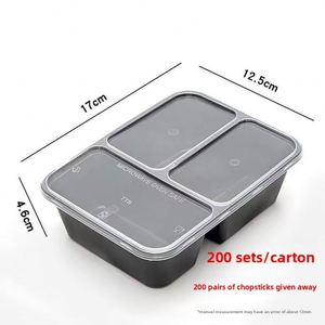 Boîte à lunch jetable noire à 3 compartiments de 500, 650 et 750 ml, conteneur rectangulaire à emporter avec couvercle pour accompagnements - Product Image 3