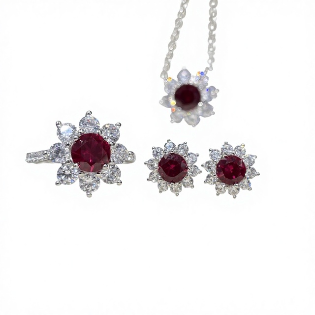 High-End 1-Carat Pigeon-Blood Ruby 925 Silver Gold Plated Gemstone Set Ring Earrings Necklace Plant Flowers/Sunflower Design for