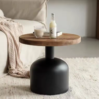 Meuble de salon de style industriel, table d'appoint ronde noire en fer et bois massif
