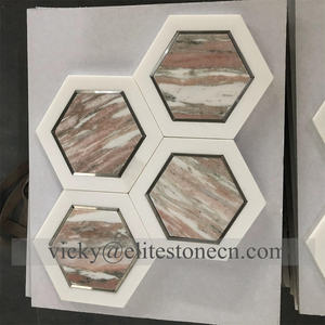 六角形ピンクレッド大理石モザイクタイル10mm厚パーケット装飾、インテリア壁装飾、ホテル、グラフィックデザイン用 - Product Image 3