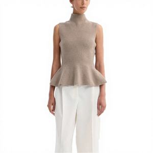 <b>Women's</b> Casual New Design High Neckline Peplum Flare Merino <b>Wool</b> Cashmere Blend Knit Sleeveless Short Sweater <b>Tank</b> <b>Top</b> - Product Image 3