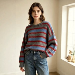 Pull en tricot rayé pour femme, col rond oversize, épaules tombantes, manches longues, haut d'automne - Product Image 2