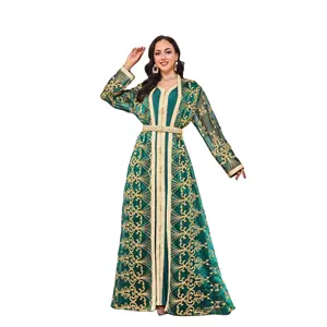 Тяжелый темно-зеленый цвет тюль абайя с золотой вышивкой соответствующий цвет Внутреннее платье без рукавов мусульманские женские комплекты одежды