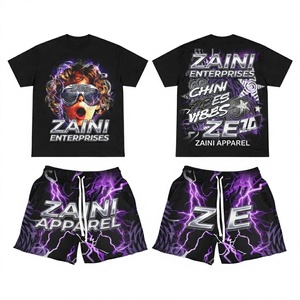 Premium ZAINI 280 GSM Breathable Polyester Summer Casual T Shirt Short Set Black <b>Purple</b> Embossed Hand Embroidery Custom Logo OEM - Product Image 1