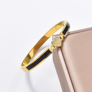 anti-fade glossy 18k gold custom bulk wholesale delicate heart <b>crystal</b> streamlined black enamel timeless chic bangle <b>bracelet</b> - Product Image 3