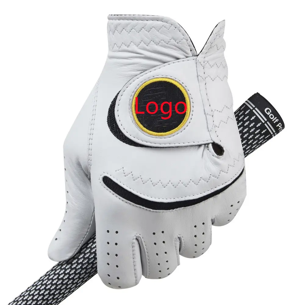 Custom Private Label Borduurwerk Cabretta Heren Grip Dames Witte Kleur Leer Linker Rechterhand Gemakkelijk Grip Lichte Golfhandschoenen