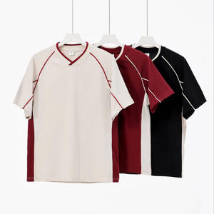 Mỹ Retro thương hiệu nam thời trang 300g v-cổ Ngắn Tay Áo T-Shirt Áo khoác cổ điển thiết kế lỏng lẻo với màu sắc tương phản dòng 260g - Product Image 1