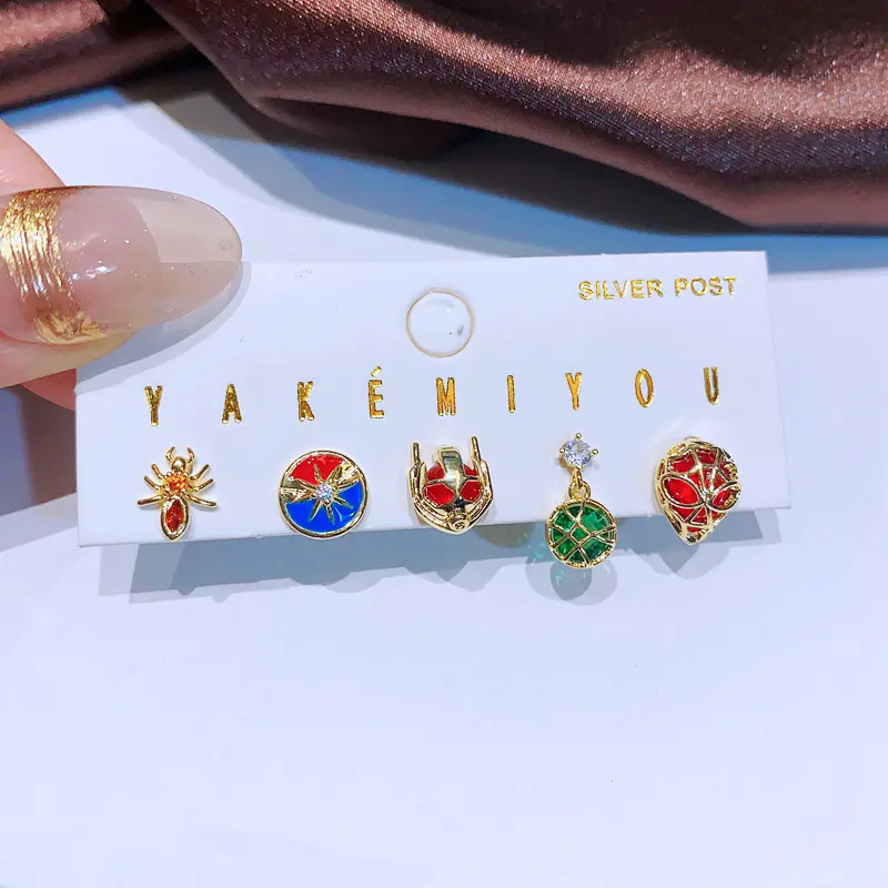 Set anting zirkon warna-warni Eropa dan Amerika terbaru anting liontin Superhero pribadi