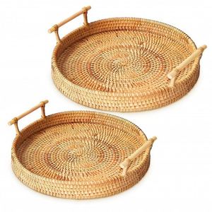 <span class=keywords><strong>Panier</strong></span> décoratif miniature en rotin, plateau en bambou tressé avec filet, extra large, rond, 20 pouces, rangement en rotin sous le lit, poignées en bois - Product Image 1