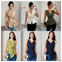 Rompi Satin Berkerah V dengan Hiasan Pita, Atasan Tanpa Lengan Model Patchwork yang Modis dan Elegan, Kemeja Atasan Wanita Seksi
