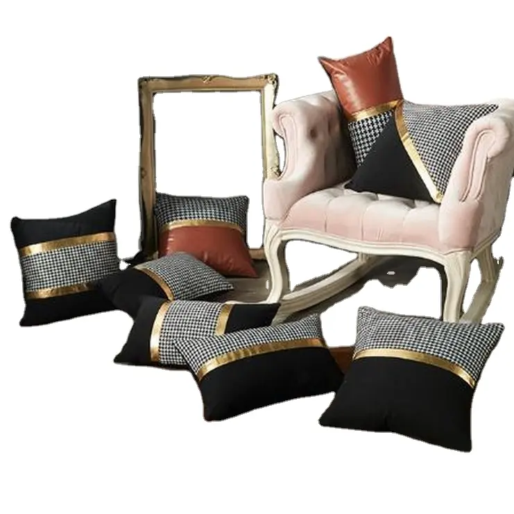 Sierkussen Gevallen Covers Voor Bed Couch Sofa Moderne Minimalistische Zwart En Wit Goud Leer Stiksels Kussensloop Kussenhoes