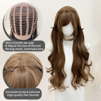 Peluca sintética de fibra de alta temperatura de 30 pulgadas, color marrón ceniza, con ondas profundas, flequillo de aire, línea de cabello natural, sin pegamento, con gorro de malla de rosas, resistente al calor.