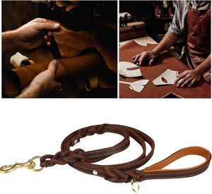 <span class=keywords><strong>Collar</strong></span> de perro de cuero trenzado de piel de vaca auténtica de 6 pies de alta resistencia con doble asa para perros grandes, medianos y grandes - Product Image 3