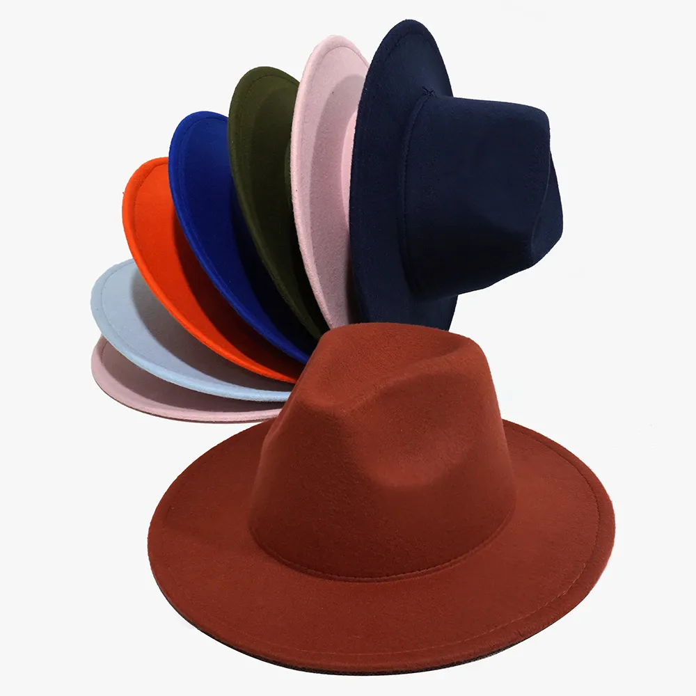 ขายส่งแฟชั่นหมวก Fedora ผ้าฝ้ายโพลีเอสเตอร์คลาสสิกหมวกปาร์ตี้แบนปีกกว้าง 21 สีทึบขนสัตว์สักหลาดหมวกคาวบอยตะวันตก OEM