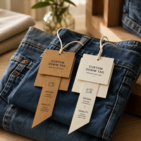 Étiquettes suspendues personnalisées en carton pour jeans, avec code-barres, cordon en coton, impression UV, découpées sur mesure, formes personnalisées, pour usage intérieur - Respectueuses de l'environnement
