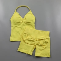Ensemble de yoga 2 pièces sans couture pour femme, débardeur rembourré à col halter et short froncé rehausseur de fessiers, léger, pour l'été et le sport