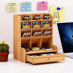 Penyusun Desktop Kantor Sekolah dengan Laci, 9 Kotak Kayu Caddy untuk Spidol dan Alat Makeup, Pena Tempat Pensil Meja Begitu