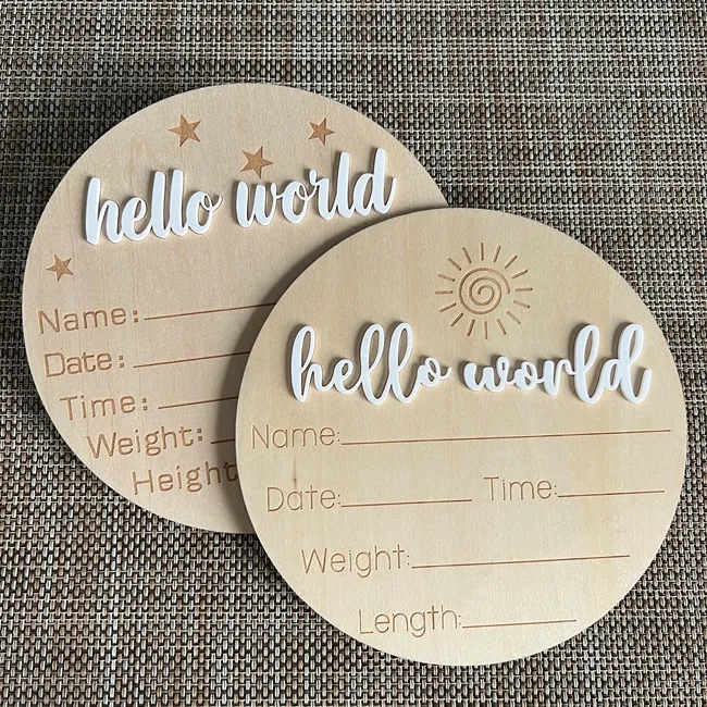 15cm Wooden Round Newborn Monthly Milestone Cards and Hello World Birth Announcement Board