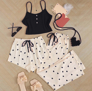 Pijama de 3 Piezas con Estampado de Corazones Lindos, Camisola, Shorts y <span class=keywords><strong>Pantalones</strong></span> Largos, Pijamas para Mujer - Product Image 3