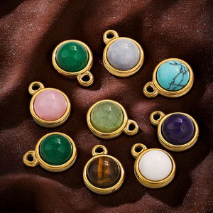 Round Natural Stone Pendant PVD Gold Stainless Steel Charm: Turquoise Onyx for Necklace <b>Bracelet</b> Earring Making - Product Image 4