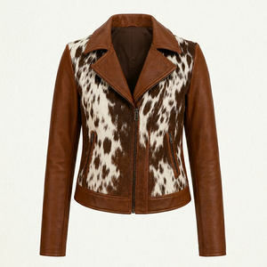Chaqueta de Moto para Mujer de Cuero Genuino Marrón con Parches de Piel de Vacuno, Cuello en V, Gruesa, Cortavientos, Antiarrugas, Manga Larga, Cierre de Cremallera - Product Image 1