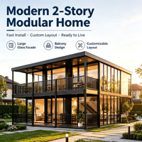 Maison préfabriquée complète en conteneur, 2 étages, structure en acier, design moderne, étanche, grande façade vitrée, balcon inclus, garantie 5 ans