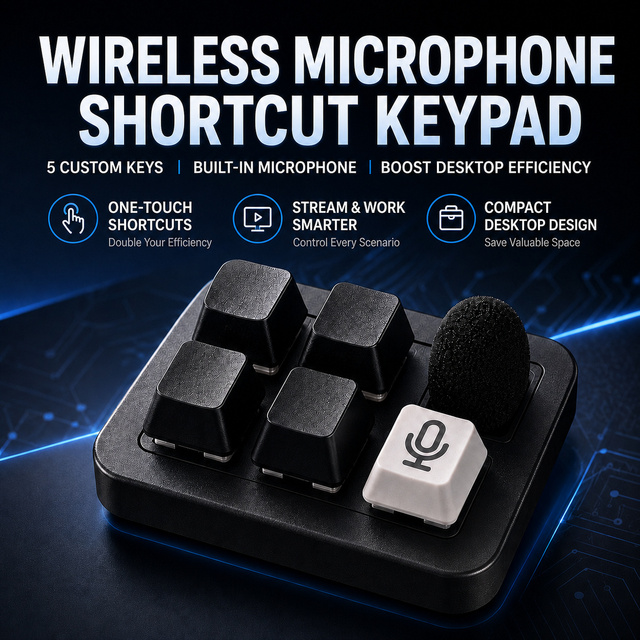 Programmable 5 Key Wireless Macro Keyboard with Microphone Mini Mechanical Shortcut Keypad for Gaming Streaming and Editing Pro.