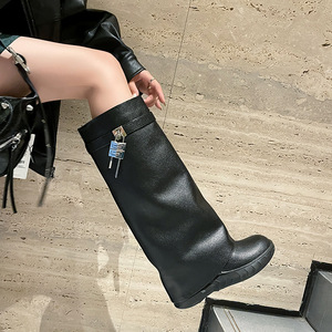 <span class=keywords><strong>Bottes</strong></span> hautes en cuir pour femme à plateforme, style Shark, bout rond en cuir PU avec fermeture à boucle, chaussures pour femme - Product Image 5