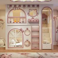 Lit superposé pour enfants avec personnage de dessin animé JS, lit de princesse avec porte ouvrante pour le rangement, avec armoire à escalier, gain de place