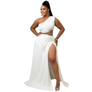 Ropa de mujer Traje de talla grande Color sólido Hombro inclinado Fuera del hombro Sexy Vaina Split Temperament <span class=keywords><strong>Twinset</strong></span> - Product Image 6
