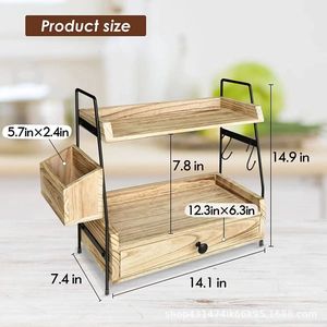 Étagère de rangement double couche en bois et métal pour bureau, avec tiroirs, pour comptoir de salle de bain et épices de cuisine - Product Image 4