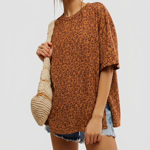 Camiseta Oversize con Estampado de Leopardo para Mujer, Manga Corta, Cuello Redondo, Corte Holgado, 100% Algodón, Estilo Jersey, Primavera-Verano, Camisetas Bajo Demanda - Product Image 1
