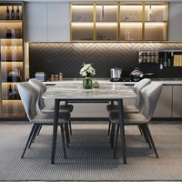 Ensemble de table à manger minimaliste en ardoise, 6 places, plateau en pierre frittée, pieds en métal, écologique, durable, appartement, maison, hôtel, restaurant