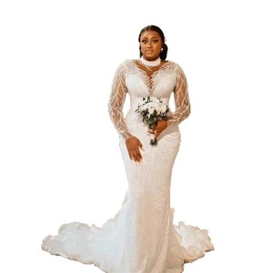 African Bride Mermaid Wedding Dress Long Sleeve Plus Size V Neck Backless Cut Out Pure White Winter 2025 - Product Image 5