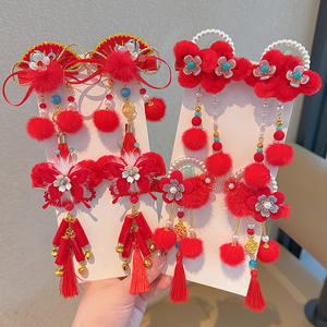 Acessório de Cabelo Festivo Vermelho para Meninas 2026, Tiara Hanfu Estilo Chinês com Laço e Franjas para Crianças - Product Image 2