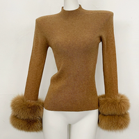 Pull en cachemire tricoté pour femme, coupe ajustée, col roulé, avec deux rangées de poignets en vraie fourrure de renard, mode automne-hiver