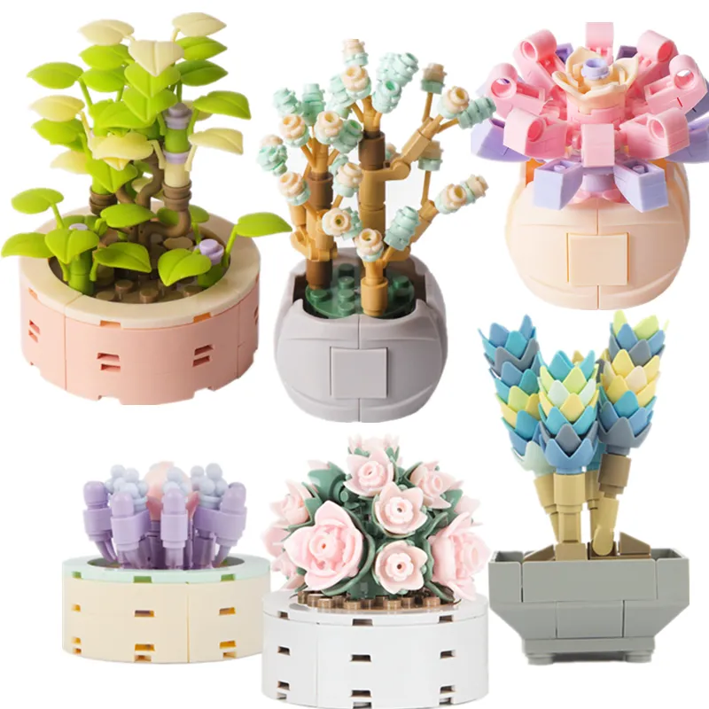 Potted Plants Succulents Cactus Gypsophila Bonsai Tree Gardens Romantic Building Blocks Classic Model Bricks Kids Sets Kits Toys