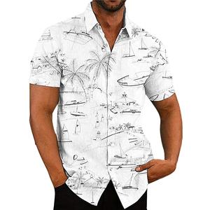Camicia a maniche corte da uomo con stampa Coastal Sketch, motivo <span class=keywords><strong>nautico</strong></span> con barche e palme, abbottonata, per vacanze e <span class=keywords><strong>abbigliamento</strong></span> casual - Product Image 1