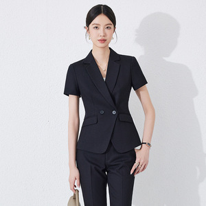 Women's Short Sleeve Suit Set Navy Blue <b>Wool</b> Blend Anti-Wrinkle Office Lady Summer Workwear Professional Formal Wear - Product Image 4