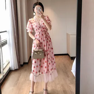 5XL Latest Design Casual fashion cute pink strawberry print ruffled lace-up sexy v neck short sleeve ladies summer long dresses