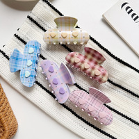 Pince à cheveux moyenne en acétate à motif écossais pastel et strass en forme de cœur, style coréen, pour femmes, accessoires capillaires quotidiens pour le bureau