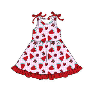 Vestido de Verano para Niña, Modelo GSD3770, Personalizado, Color Rosa a Cuadros, Lazos Rojos, Estampado de Sandía, Sin Mangas, Largo hasta la Rodilla, Venta al Por Mayor - Product Image 1